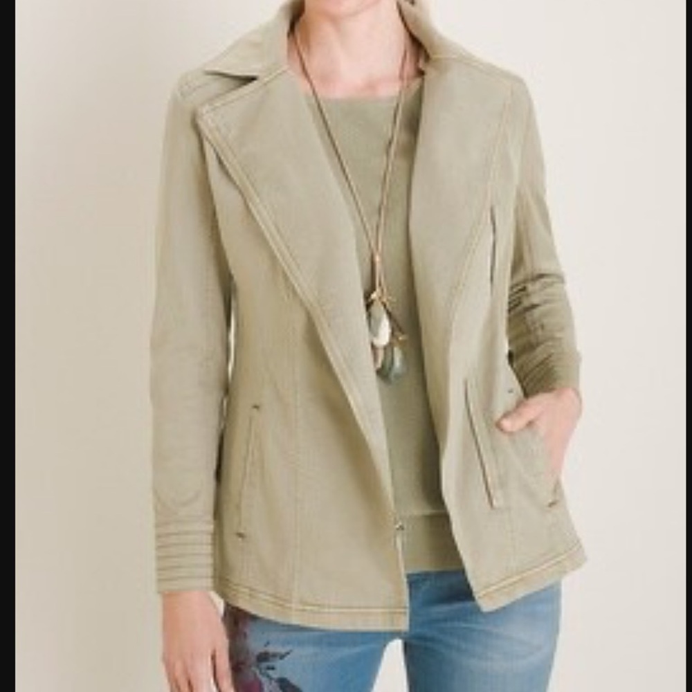 Chico’s Elongated Moto Casual Twill Denim Jacket, Cool Sage, Sz 4 (20/22) - NWT!